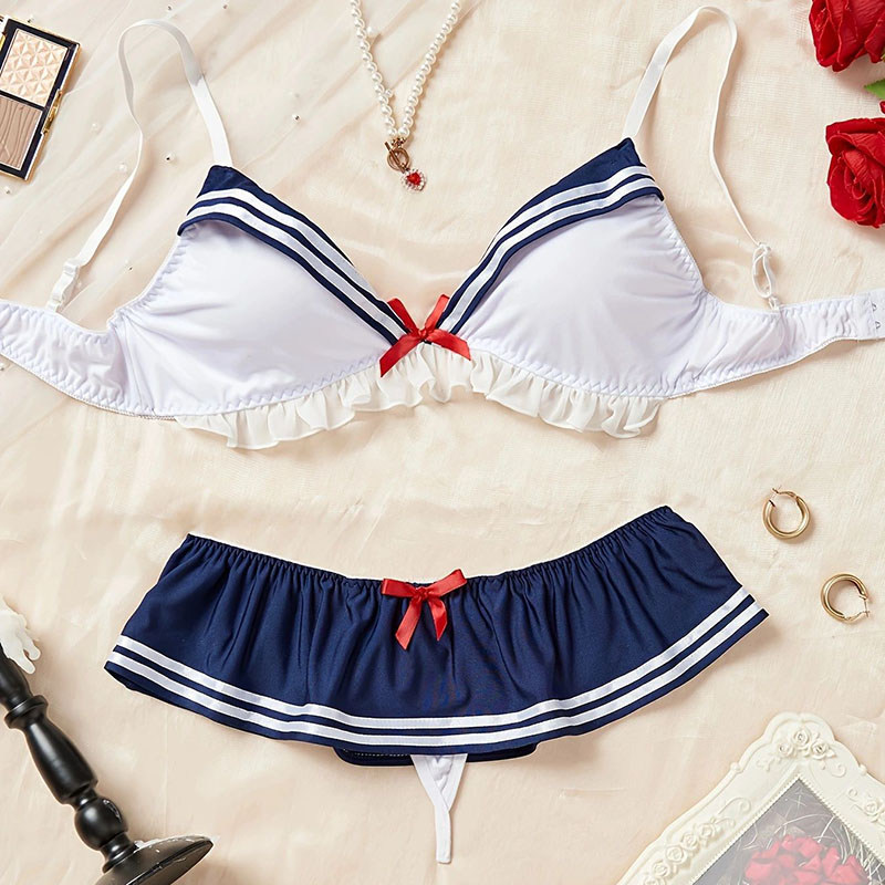 日本の青白のかわいいセクシーなセーラースタイルのランジェリーセットセクシーな制服ランジェリー私室写真衣類小道具快適な生地