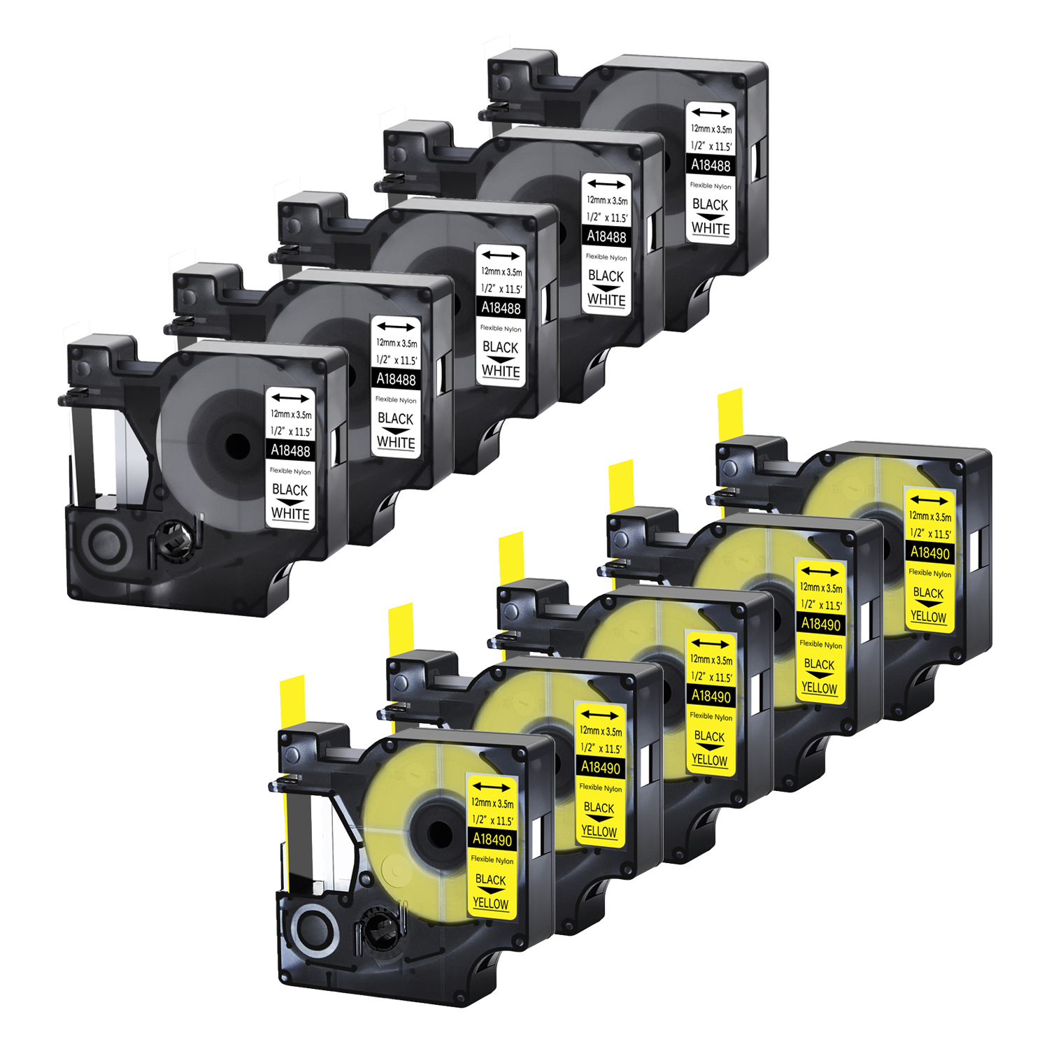 5 個の柔軟なナイロンラベルテープ 12 ミリメートル 19 ミリメートル 18488 18489 18490 18491 リボン Dymo Rhino 5200 4200 6000 ラベルプリンタ用