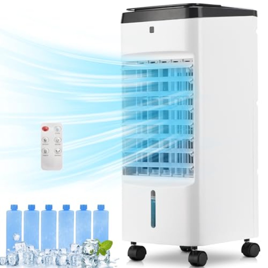 寝室用ポータブルエアコン、取り外し可能な水タンク付き乳白色の蒸発空気クーラー、アイスパック6個、12時間タイマー、1個