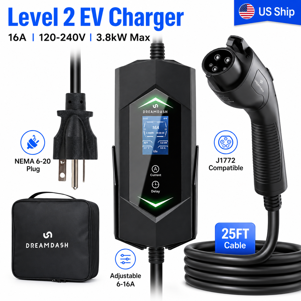 DREAMDASH レベル 2 ポータブル EV 充電器 16A 調整可能 6-16A 120-240V 3.8kW、25FT J1772 電気自動車充電ケーブル NEMA 6-20 プラグ付き SAE J1772 EV 用、IP66 防水、米国から発送