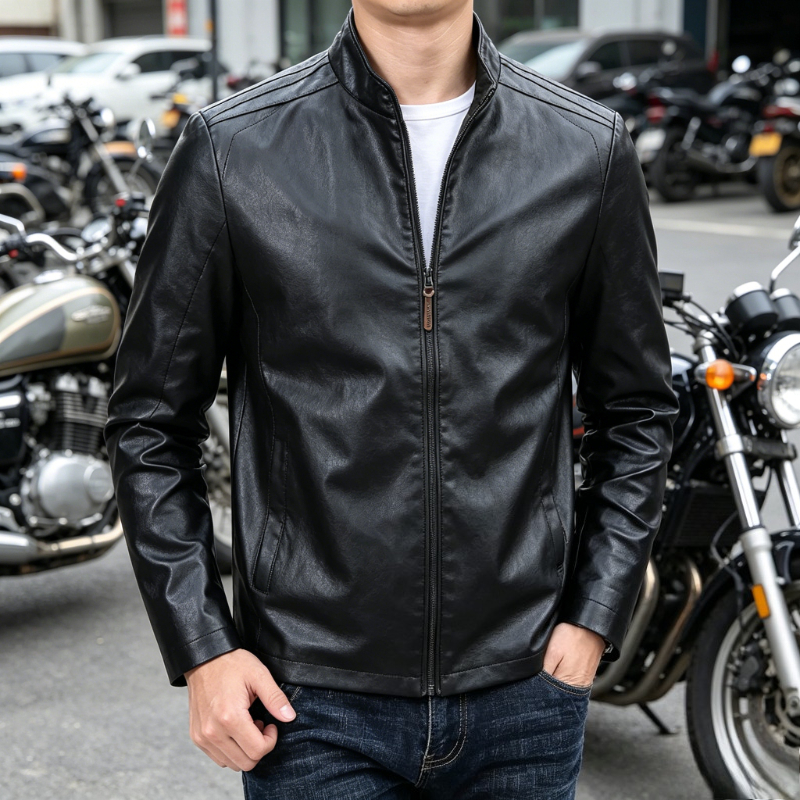 アメリカンショートレザージャケット男性スリムフィットスタンドカラー Pu レザージャケット男性防風オートバイラペルジッパーバイカーコート男