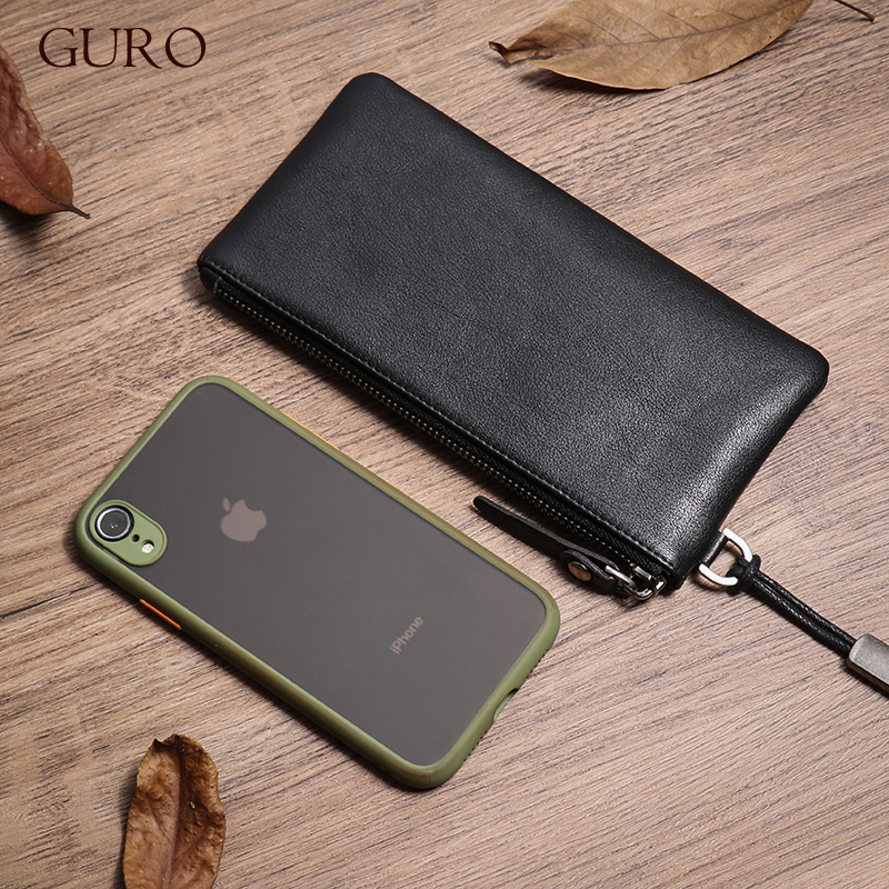 GURO メンズ 本革 長財布 天然牛革 クラッチバッグ シンプル スリム ジッパー カードクリップ 小銭入れ 携帯電話バッグ