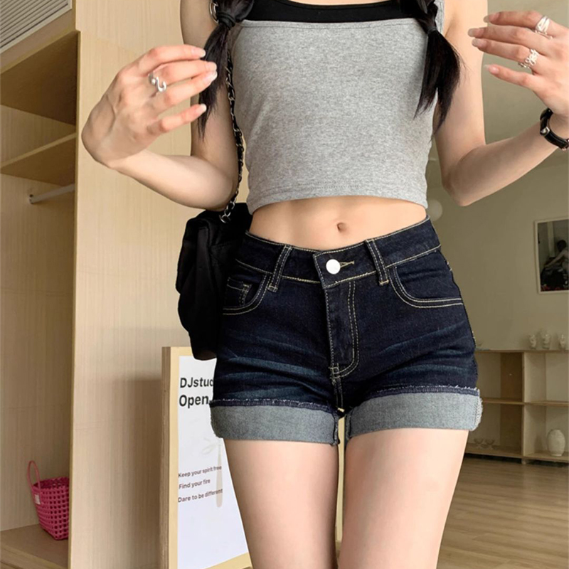 レトロロールアップ裾洗浄デニムショーツ女性ストリートハイウエスト痩身ホットパンツ韓国ファッションディープブルーヒップラッピングジーンズ