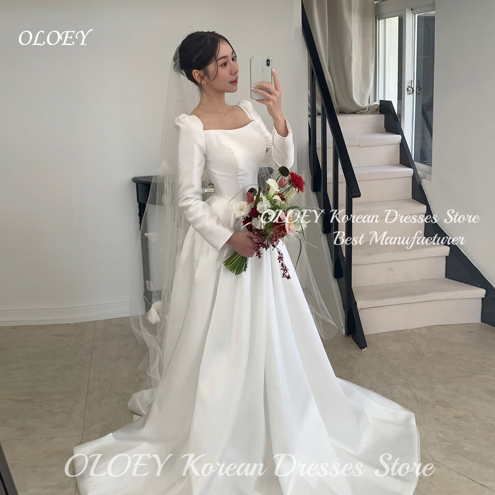 OLOEY エレガントなアイボリーシルクサテン韓国のウェディングドレス長袖トレーンブライダルガウン写真撮影用カスタマイズ Vestidos 11 月