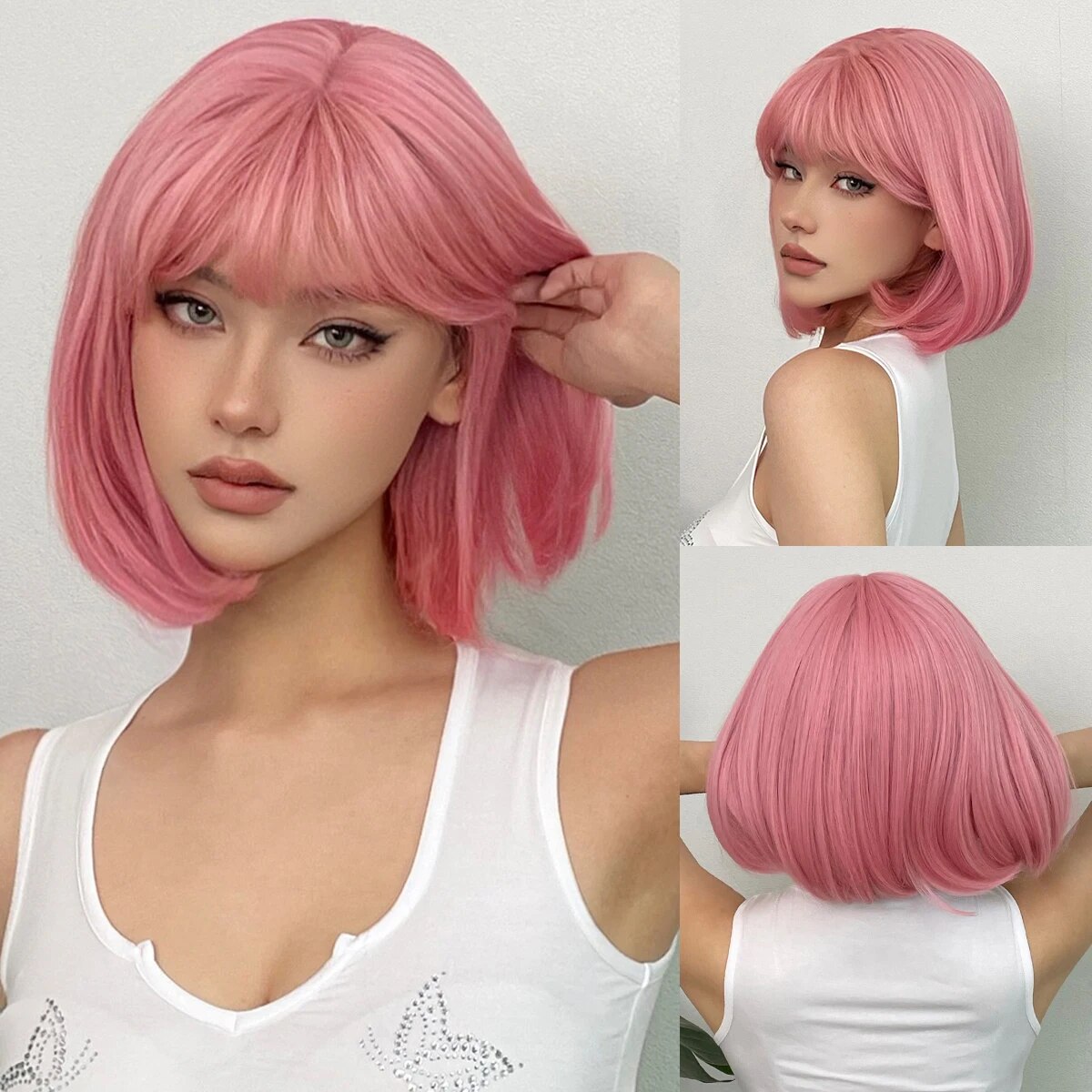 ショートストレートボブ合成かつらピンクナチュラルヘアウィッグ前髪付き女性コスプレかわいいウィッグ耐熱ファイバー