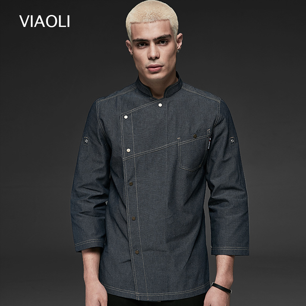 VIAOLI Denim Fabric Chef Jackets Restaurant Uniforms Shirts Long Sleeves Restaurant Uniform Chef Clothes Hotel Uniform Chef Coat