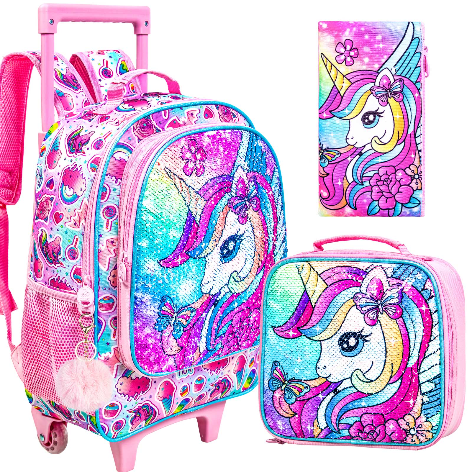 女の子用ユニコーンローリングバックパック3個、車輪付きキッズスクールバックパック、ランチボックス付きローラーブックバッグ、小学校用プレチョ用