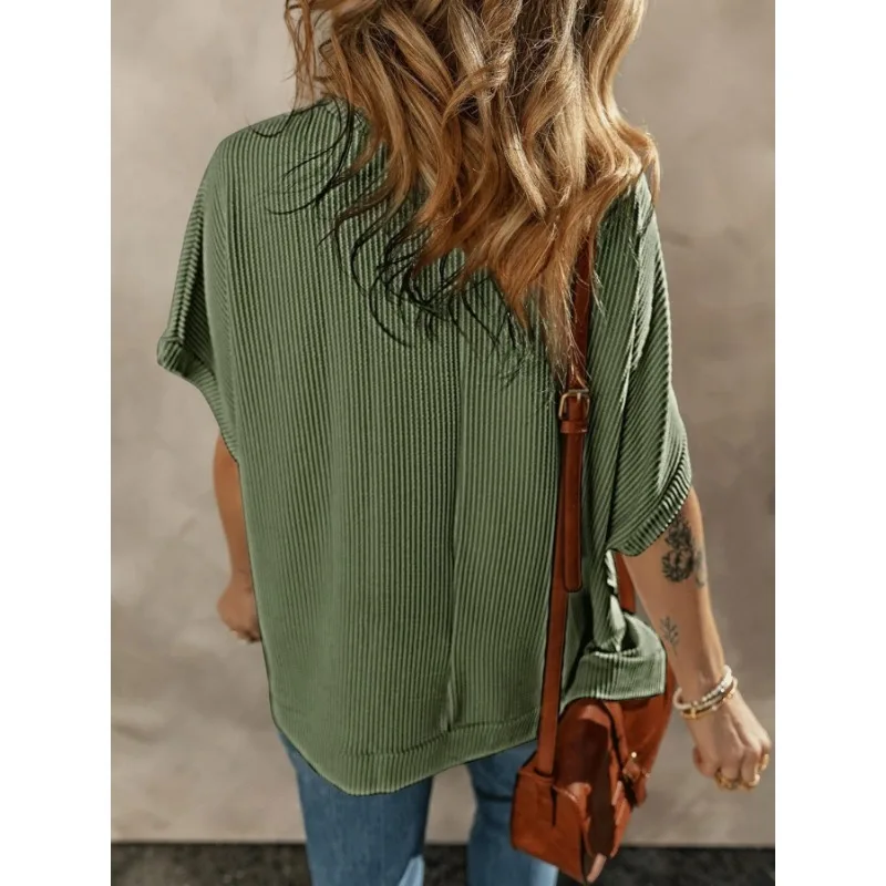 プラスサイズ 1XL-5XL 女性の快適なソリッドカラーのバットスリーブ V ネックカジュアル多用途 Tシャツファッショナブルな通勤服