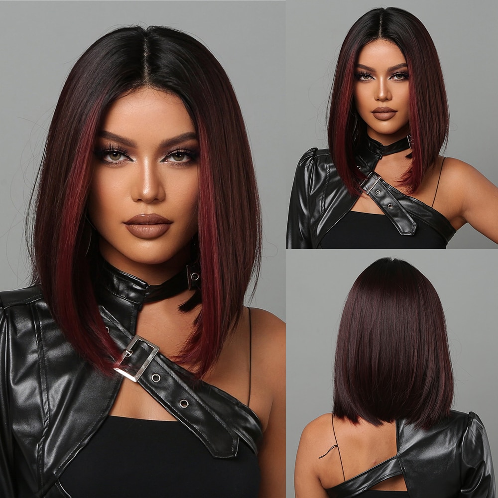 HAIRCUBE ボブウィッグ女性のためのショートブラックボブウィッグレッドハイライト中央部分人工毛ウィッグ耐熱コスプレ髪