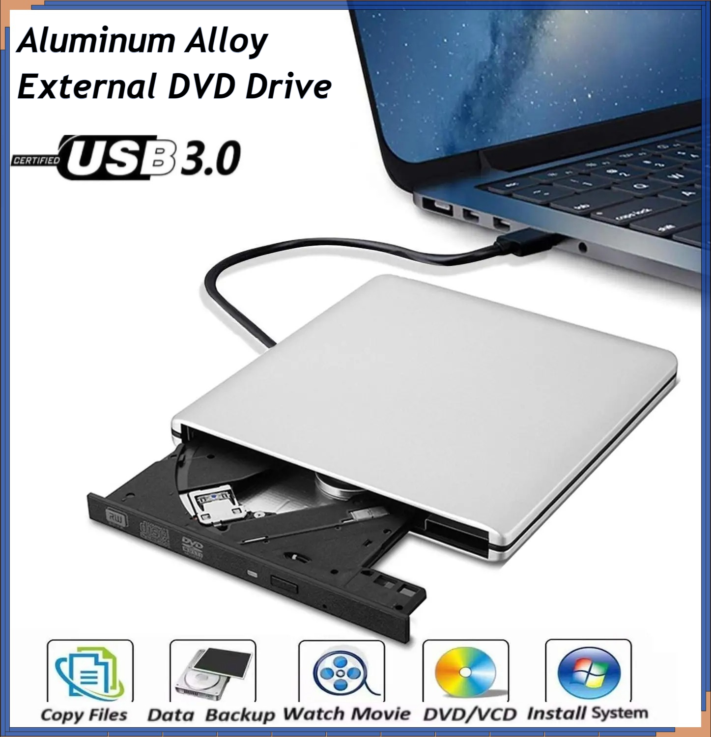 CD/DVD バーナー付き超スリム外付け光学式ドライブ、USB 3.0、アルミニウム合金、CD /-RW DVD /-RW ラップトップ PC 用