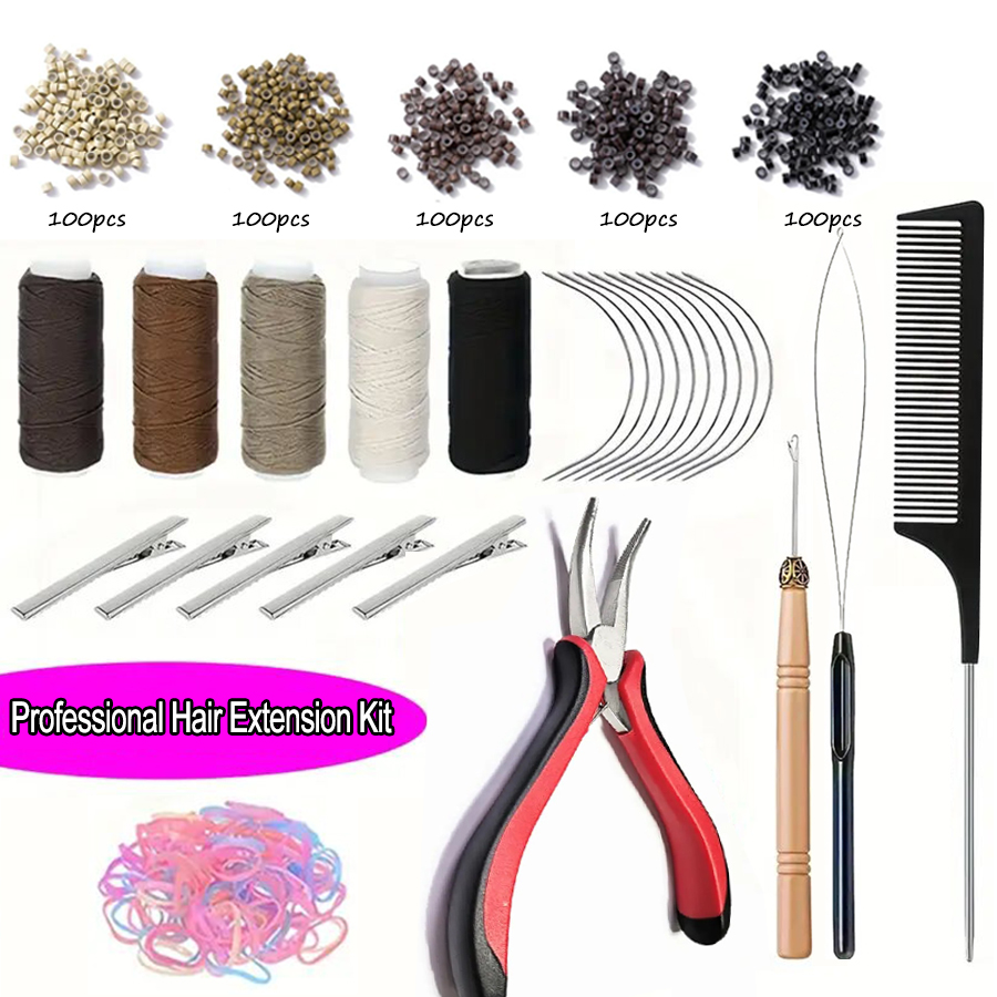 Professional Hair Extension Kit with Beads,Pliers, Pulling Hook, Threads, Needle - Metal Tools for All Hair Types,