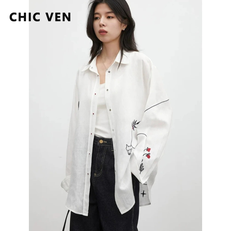 シック VEN 韓国女性シャツ白シングルブレストルーズカジュアル長袖ポニー刺繍レディースブラウス春夏 2026
