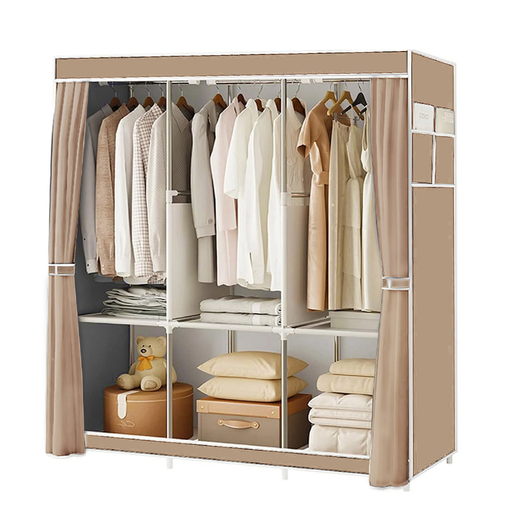 51-Inch Closet Wardrobe Portable 16mm Thick Pipe Organizer Storage Rack with Non-Woven Fabric Cover 3 Hanging Rods for Bedroom
