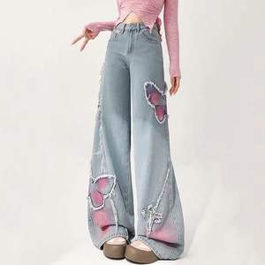 2025 レディース ワイドレッグ バタフライ ジーンズ、Y2K 刺繍入り トラッシュ ルーズ クロップ ジーンズ、ストリートウェア、通気性抜群、ティーン ガールズ向け