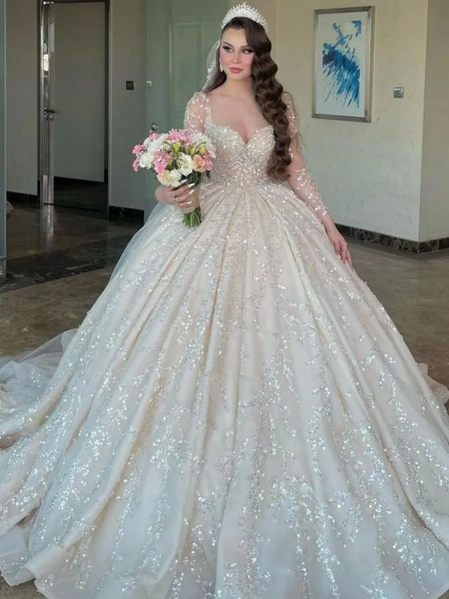 Customzied 高級長袖ドバイのウェディングドレス夜会服プラスサイズスパンコールビーズイリュージョンサウジアラビアのブライダルドレス