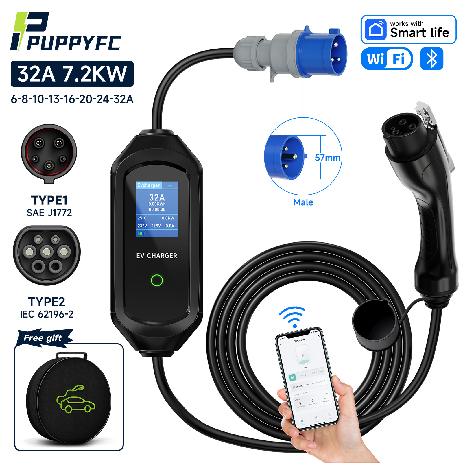 Puppyfc 7.2KW Type1 EV 充電器 32A 1 相 Type2/GBT ウォールボックス電気自動車保証 EVSE 急速充電 CEE プラグ WiFi 制御