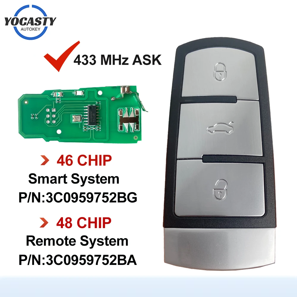 スマートリモート車のキー VW パサート B6 3C B7 Magotan CC 2004-2015 3 ボタン 433MHz ID46/ID48 チップ PN: 3C0959752BG 3C0959752BA