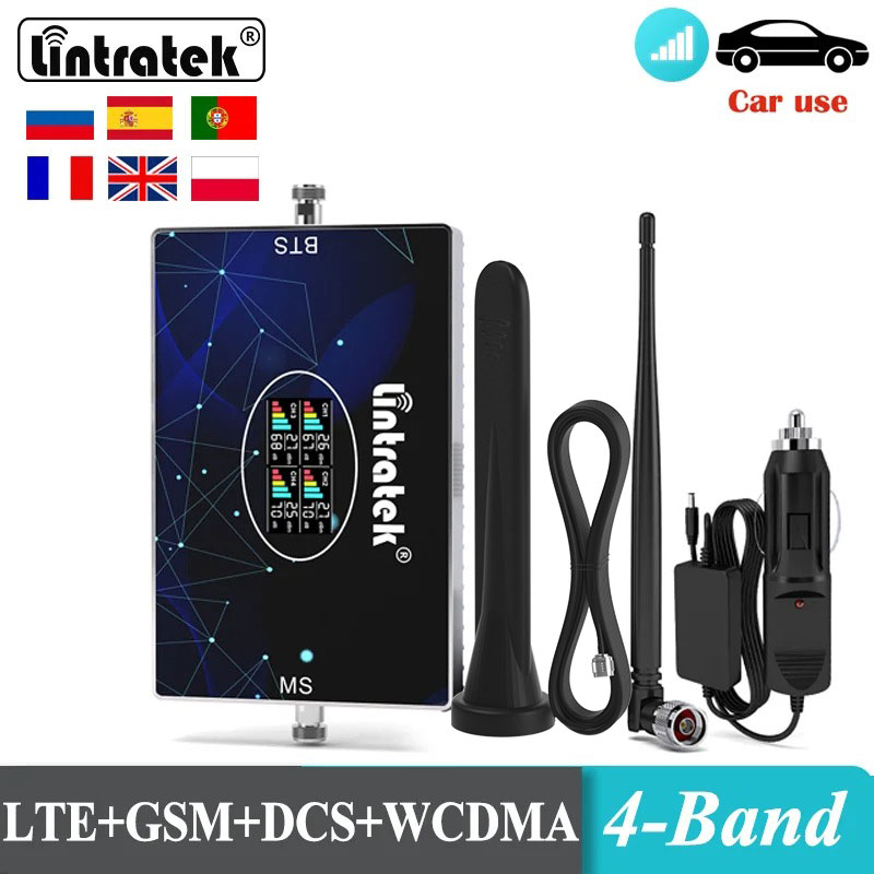 Lintratek 車用 4 バンド携帯アンプ B20 800 GSM 900 1800 2100 2600MHz 信号ブースター 2G 3G 4G 700 B28 携帯電話リピータ