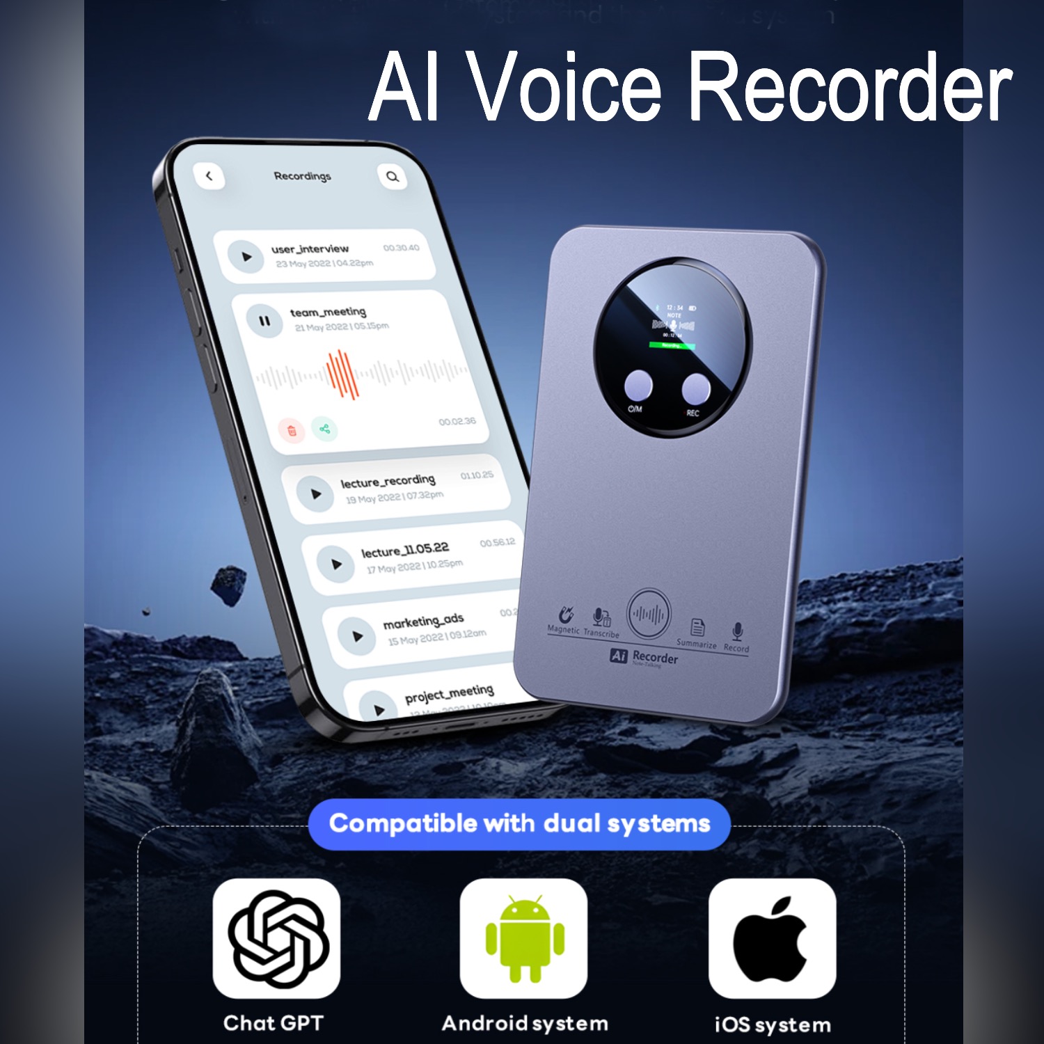 ChatGPT-5 AI音声レコーダー 64GB 文字起こし 翻訳 要約 文字起こし マインドマップ 電話通話録音 音声会議