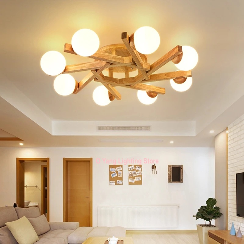 Nordic Solid Wood Magic Bean Ceiling Light, Simple Japanese Style Wooden Style Restaurant Bedroom Lighting Fixtures