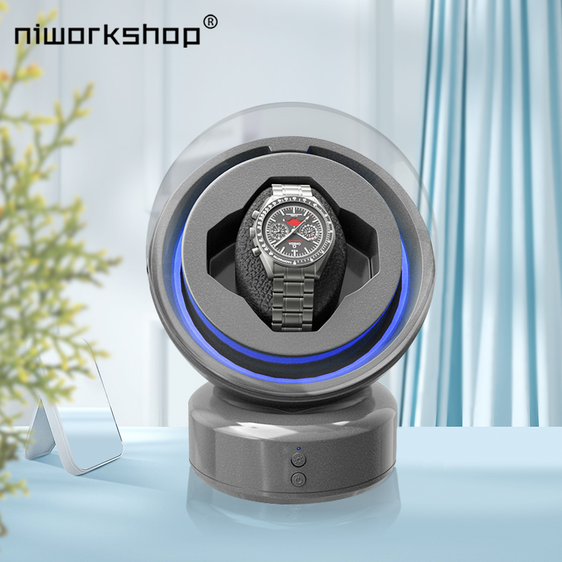 Niworkshop 自動時計ワインダー、1 スロット時計収納ケース、LED ライト付きスペース カプセル デザイン時計ボックス、男性と女性用