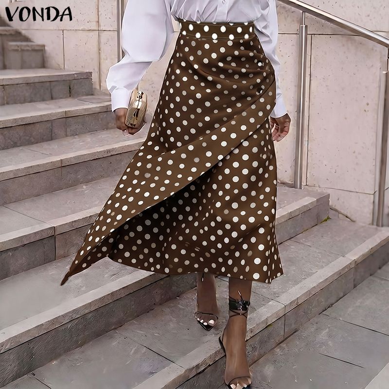 VONDA 夏プリーツ女性スカート A ラインドットプリントファッションロングスカートストリートボトムス OL 作業パーティー 3XL オーバーサイズスカート