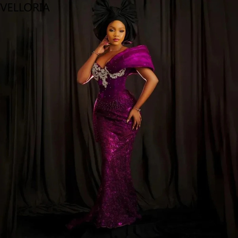 Purple Lace Mermaid Evening Gown for African Women Off Shoulder Cape Beaded Formal Party Dress Bodycon Long Prom Gown Customized