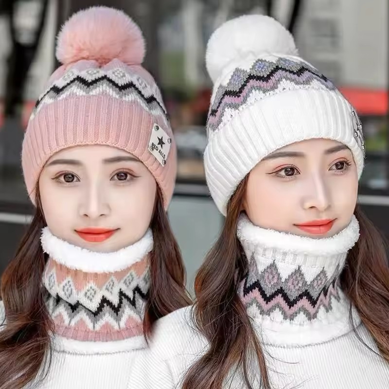 2 個冬ぬいぐるみ暖かいスカーフ帽子セット女性のためのベルベット防風と防寒耳保護屋外自転車通勤セット