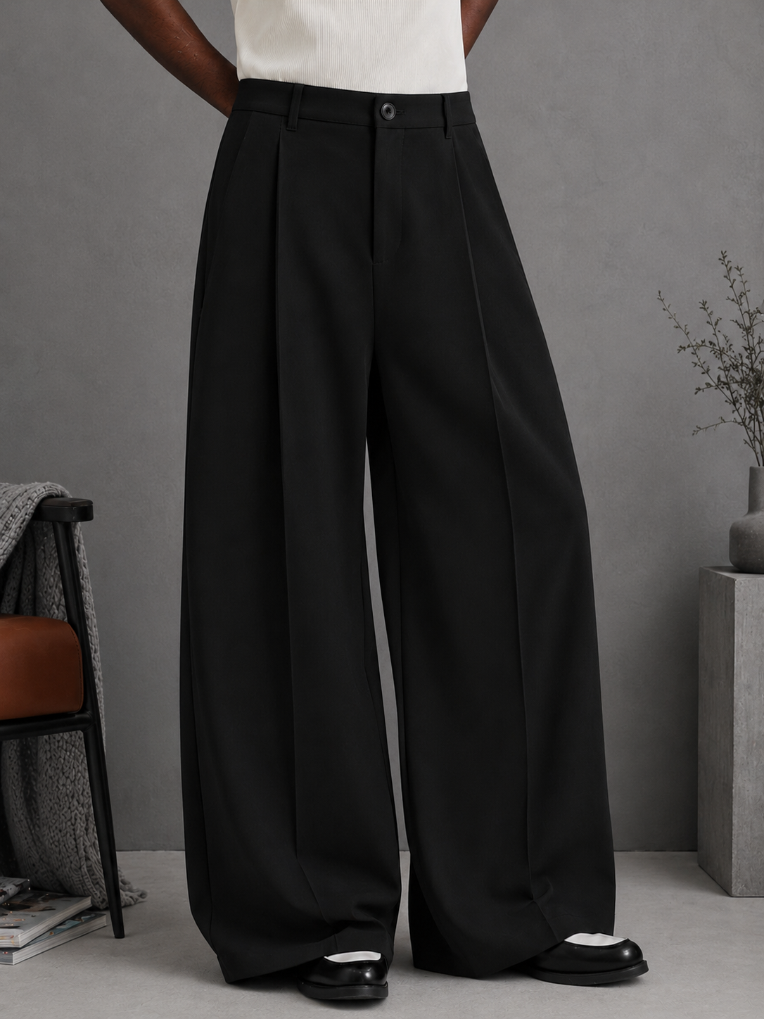 男性ワイドレッグパンツハイウエストプリーツカジュアルドレスパンツルーズフィットストリート S-2XL 黒ポリエステルファッションスーツパンツ