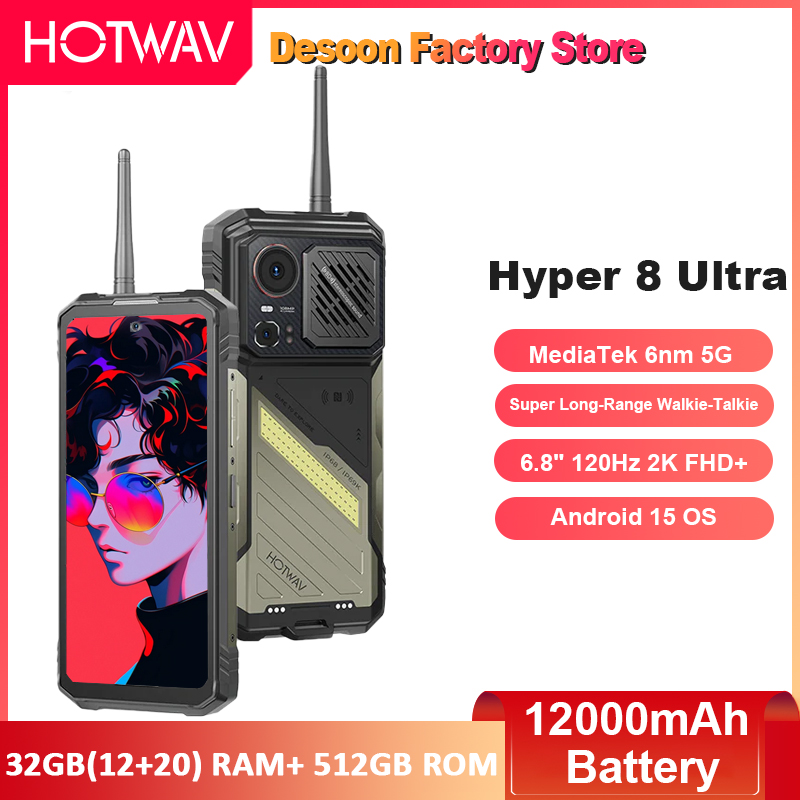 HOTWAV ハイパー 8 ウルトラ MTK7050 頑丈な電話 6.8 インチ FHD 120Hz ディスプレイ 108MP 携帯電話 Android 15 12GB 512GB 12000mAh 55W 高速充電
