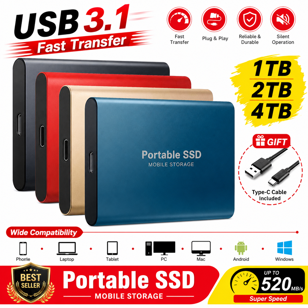 データバックアップ用の高性能外部ハードディスクモバイルソリッドステートドライブ1TB 2TB TPYE-C記憶装置