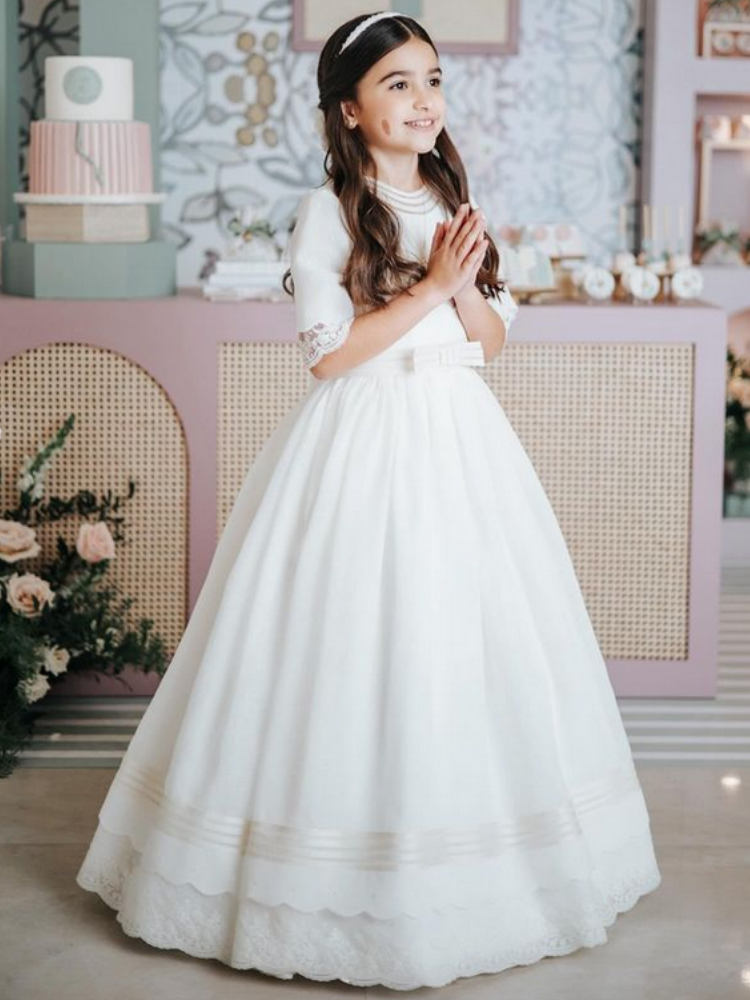 フラワーガールドレス ホワイト サテン レース アップリケ 弓付き 半袖 結婚式 誕生日パーティー 宴会 プリンセスドレス