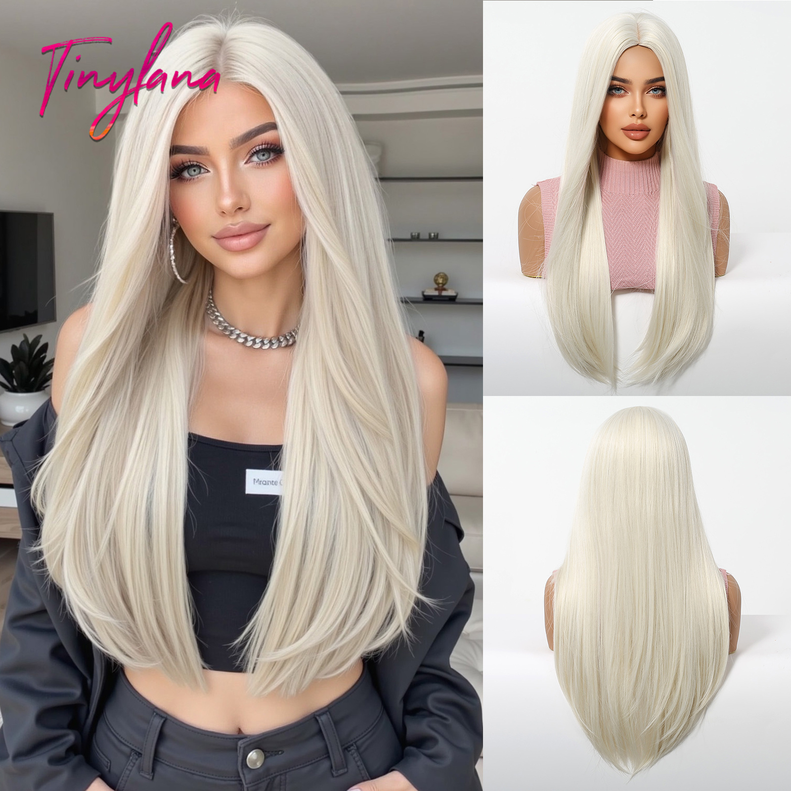 ロンググレープラチナブロンド合成かつら中間部分アッシュホワイトナチュラルストレートコスプレウィッグ女性のための日常髪耐熱