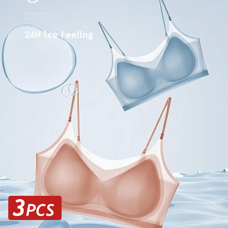 3 個超薄型通気性アイスシルクブラジャー女性のシームレスなバックホルターベストラップブラジャー胸集まり光通気性トップス
