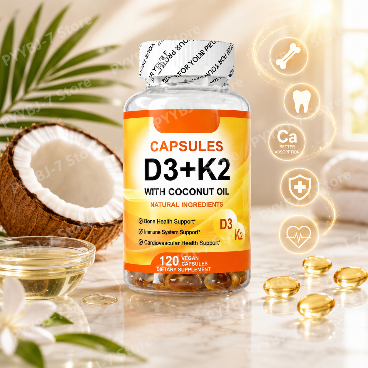 ビタミン D3 K2 MK-7 サプリメント、ココナッツオイル入りビーガン カプセル 120 個、骨