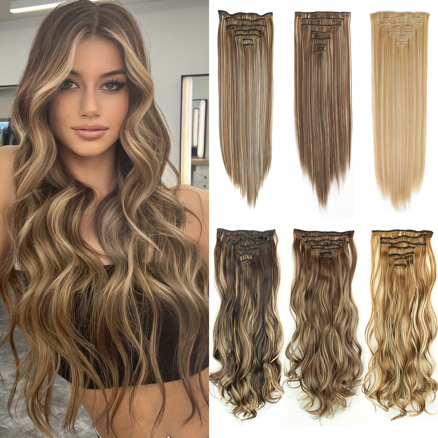 7 ピース/セット 16 クリップヘアエクステンション黒ロングストレート自然な髪オンブルかつら耐熱繊維女性のためのヘアスタイル