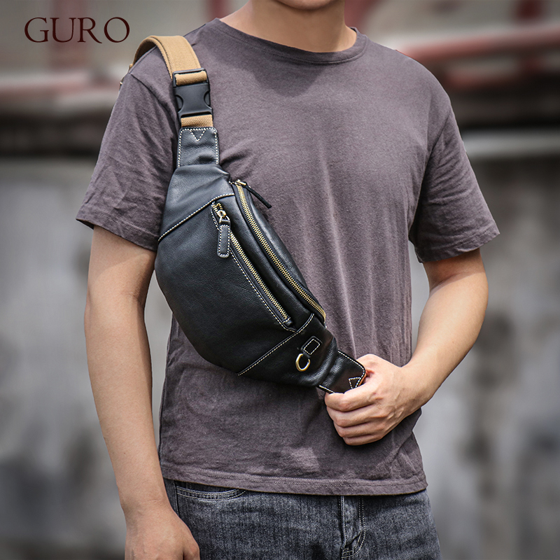GURO メンズ リアルレザー チェストバッグ 高品質 デラックス ウエストバッグ アウトドア スポーツ スリングバッグ 多機能 サッチェル デイリー クロスボディ