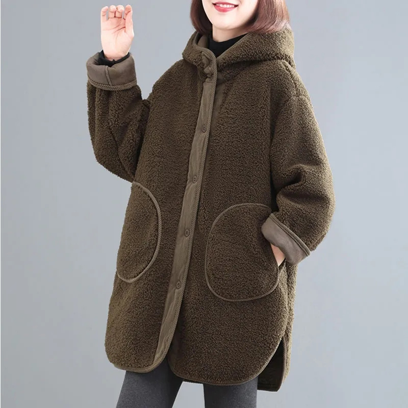 2025 冬の新韓国ルースラムウールコート女性の厚みの綿のジャケットの女性のフード付きコート女性暖かいロングパーカーオーバーコート