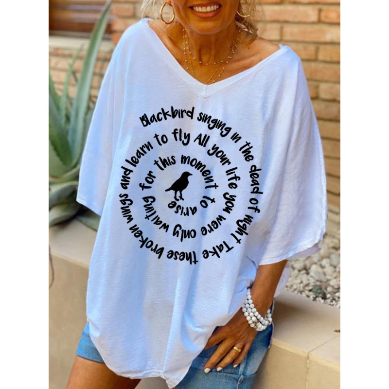 ilstile Women's Hippie Letter Print T-Shirts Summer Short Sleeve Casual Loose V Neck Long Tops Black White Tees New Arrival