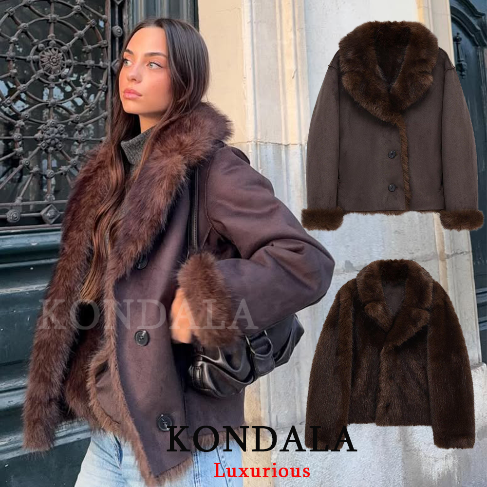 KONDALA カジュアルシックなチョコレートブラウンレザーの毛皮のコート女性ダブル着用ボタンポケットジャケットファッション 2025 秋冬生き抜く