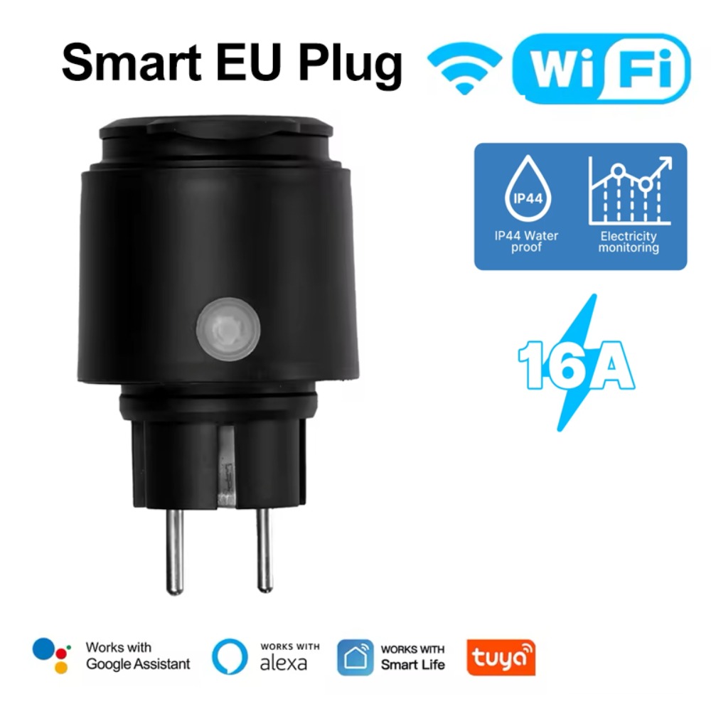 Tuya WiFi スマートプラグ 16A EU ソケット、エネルギーモニター付き屋外防水スマートコンセント、Alexa Google Home 対応