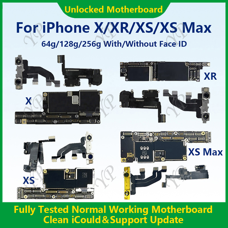 iPhone X/XR/XS/XS Max 用の完全にテスト済みの 100% 動作するメインボード、Face ID 64g/256g クリーニング済み、iCloud およびロック解除された電話マザーボード