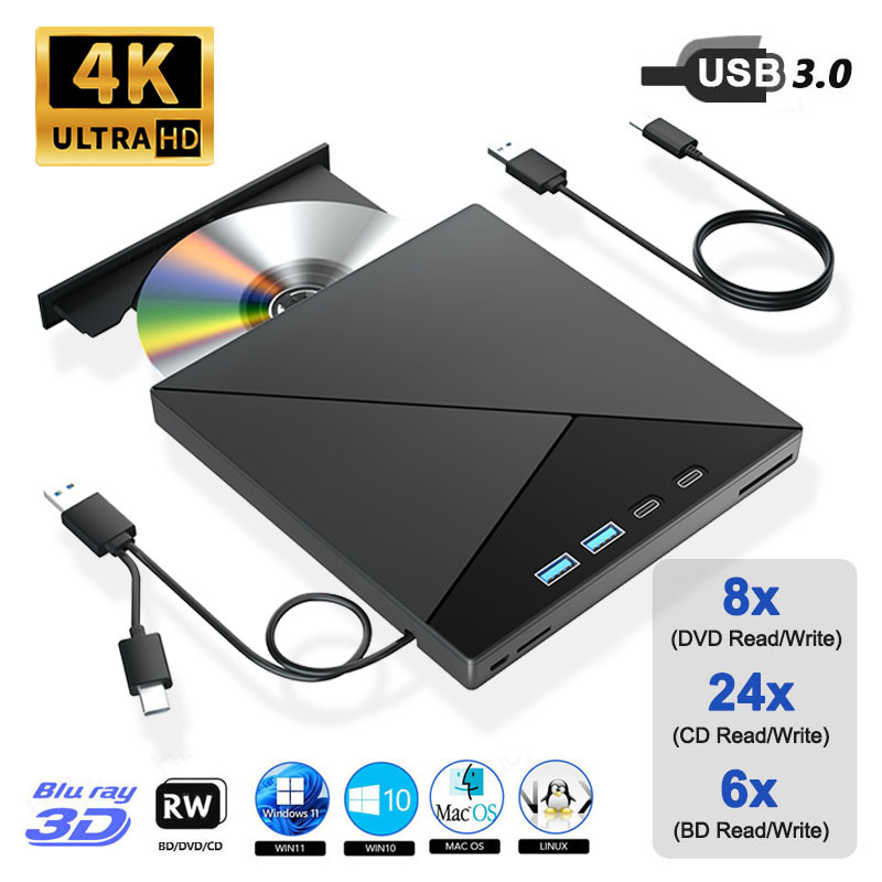 外部 4K ブルーレイ光学ドライブ ポータブル CD DVD /-RW プレーヤー ラップトップ PC ブルーレイ バーナー用 USB 3.0 Type-C SD TF カード スロット付き