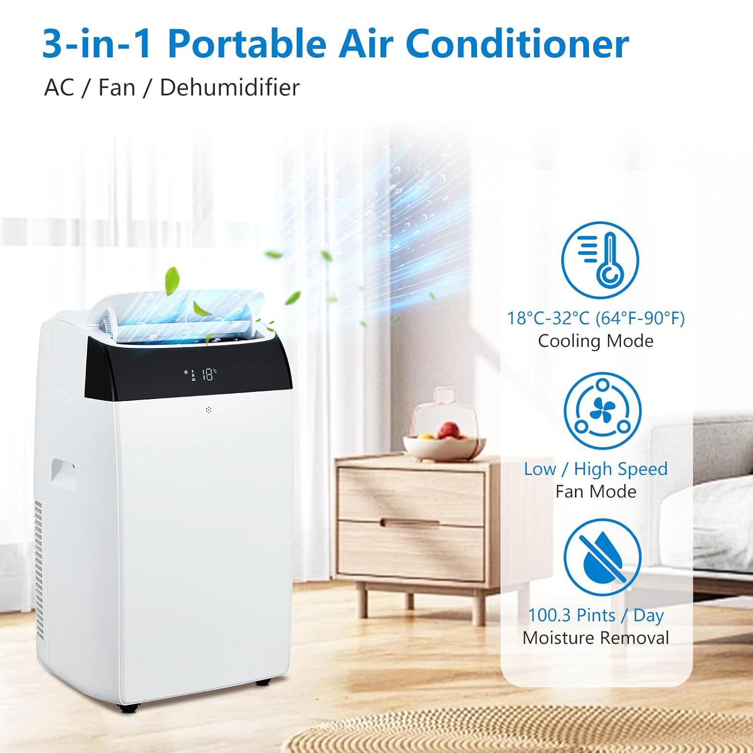 14000 BTU ポータブルエアコン、ファン、除湿器、リモコン、スリープモード付き 3-in-1 自立式冷却 AC ユニット