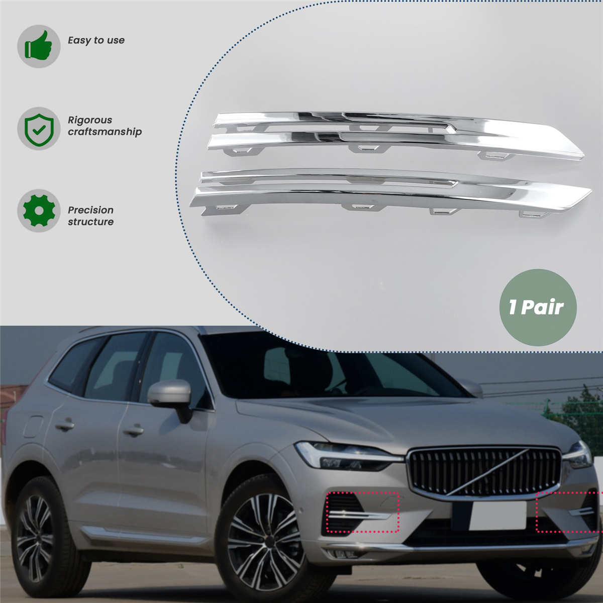 #520N Car Front Bumper Fog Lamp Grille Bright Strip Chrome Plated 32234952 32234953 for Volvo XC60 2022 (Silver)