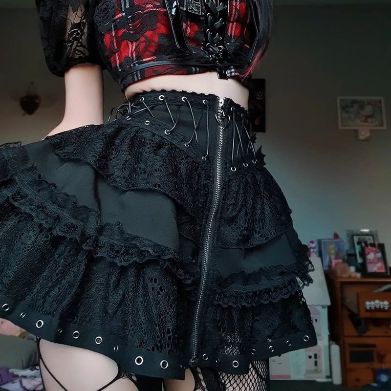 ゴシックスケーターパンクヴィンテージ高ワーシトスカート女性のジッパーフロント和風かわいい黒原宿コスプレミニスカート