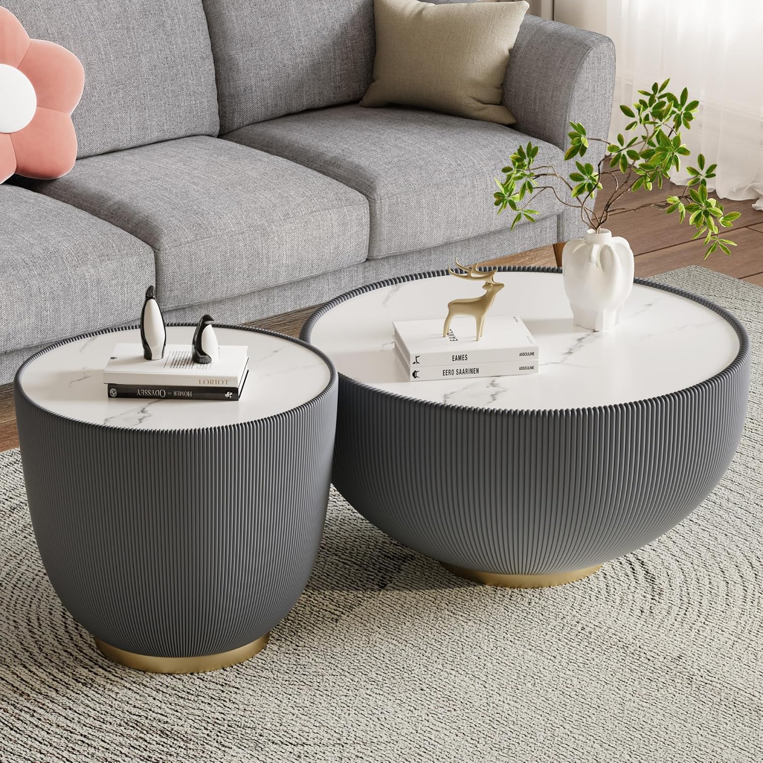 ラウンドボウルコーヒーテーブルセット 2 個セット モダンな焼結石トップネストコーヒーテーブルセット リビングルーム用 グレー 1 個付き、カスタマイズ
