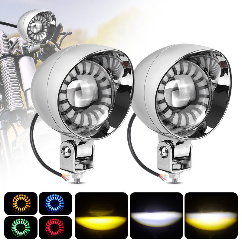 クローム 4 インチ補助 LED ライト RGB DRL 黄白オートバイスポットライトフォグランプヴィンテージカースクーターオフロードツーリング