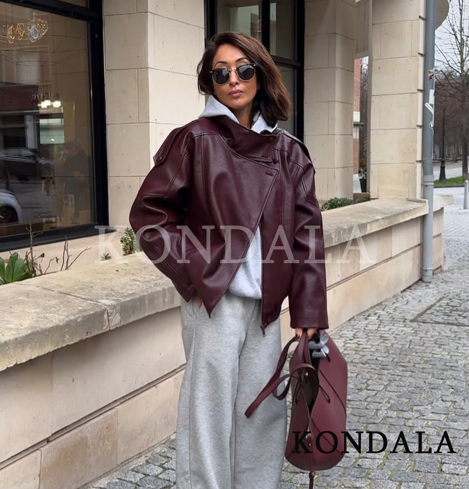 KONDALA 秋トレンディブルゴーニュレザージャケット女性スタンドアップカラーフェイクレザージッパージャケット 2026 ファッションハイストリートジャケット