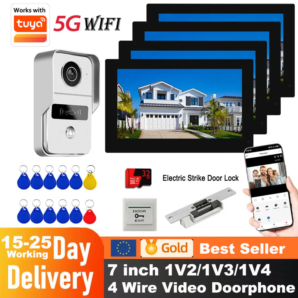 Tuya WiFi ビデオドアベルインターホン 4 ワイヤー 1080P カメラ 7 インチタッチスクリーン 1V2/1V3/1V4 ビデオドアホンシステムカソードロック付き